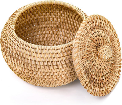 Round Rattan Basket Box with Lid, Small Handmade Woven Storage Basket, Multi-Pur