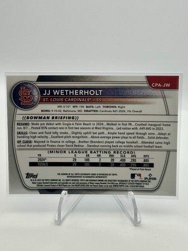 JJ Wetherholt 2025 Bowman 1st Chrome Prospect Auto St. Louis Cardinals #CPA-JW - Picture 2 of 10