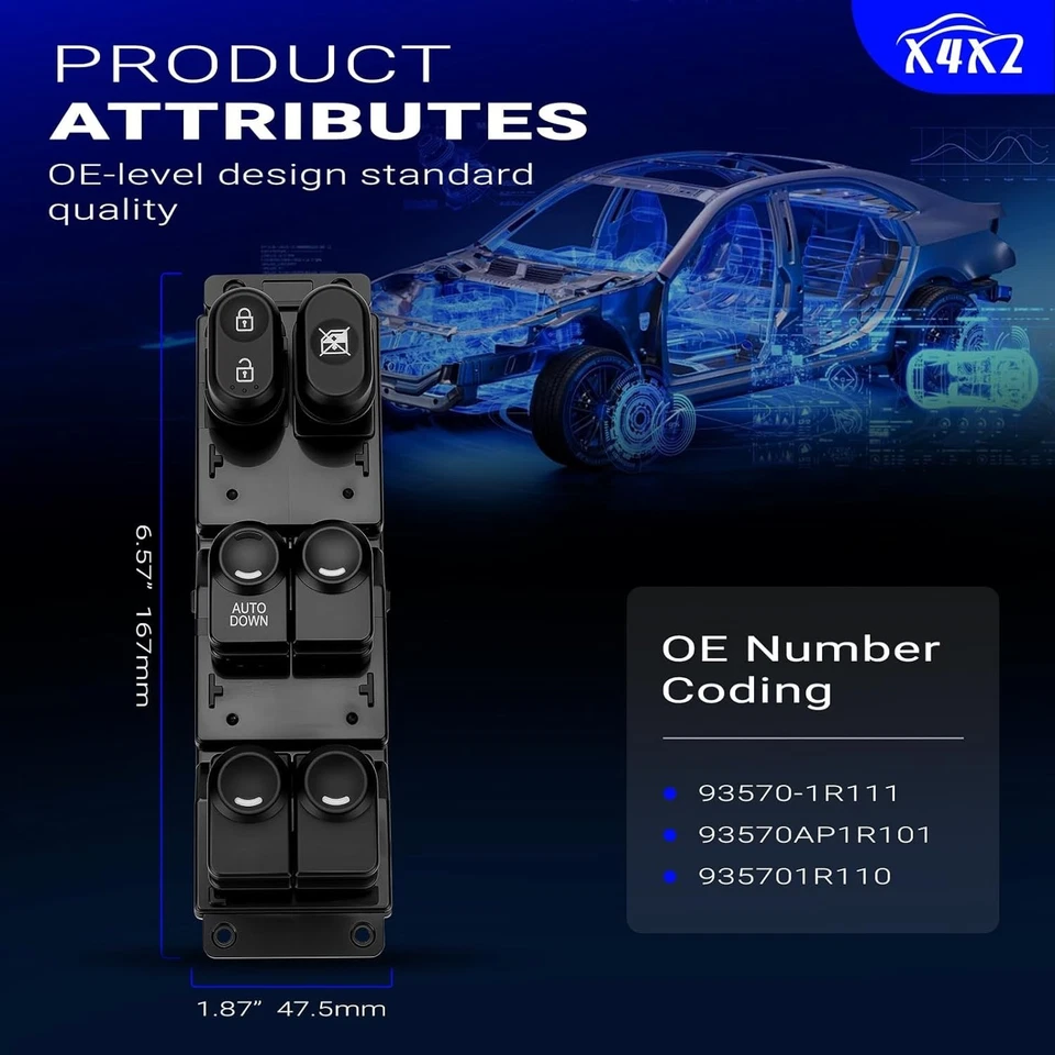 Power Window 控制开关按钮适用于 2011 - 2017 现代口音原始设备制造商 93570-1R111 — 第 3/4 张图片