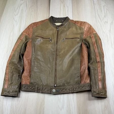 Schott NYC Mens Olive Green Retro-Style Zipped Leather Motorcycle Jacket Size L