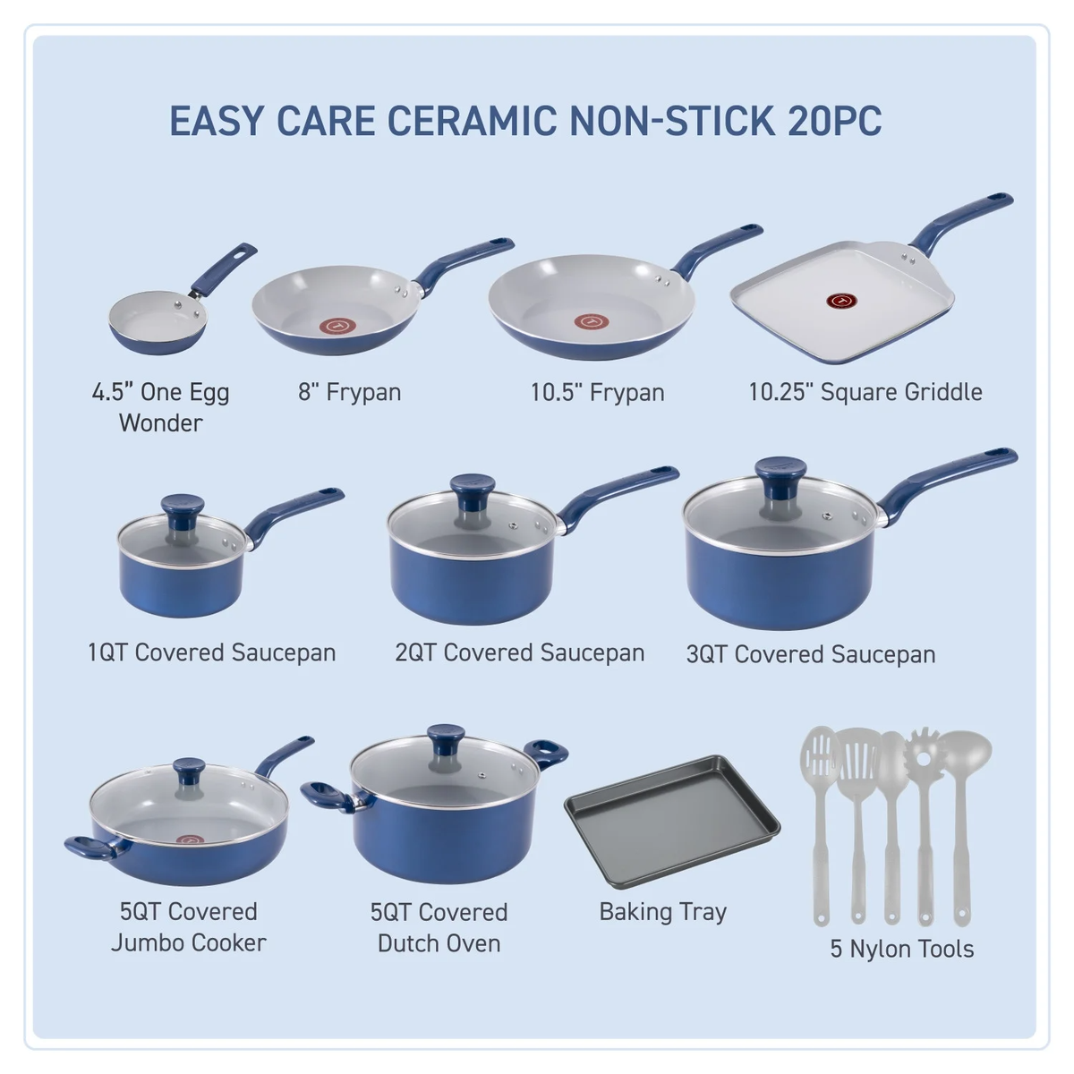 T-fal Easy Care Ceramic, 20 Piece Pots and Pans Cookware Set
