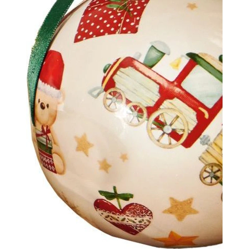 Palla di Natale Ceramica BRANDANI Trenino Decorazione Albero 10 cm Fiocco Raso, fotografia 5 di 9