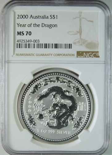 2000 Australia Lunar Year of the Dragon 1oz .999 Silver $1 Coin NGC MS70
