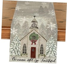 Church Xmas Trees Snowflakes Merry Christmas Table Runner, 13" x 108" Silver