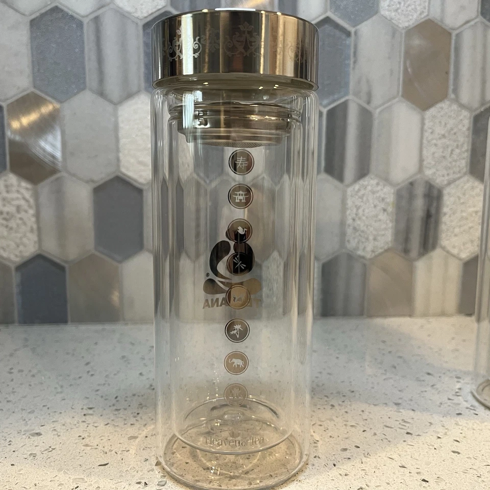 Vasos de vidrio de doble pared Teavana colador de té más empinado tapa atornillada de metal Foto 3 de 4