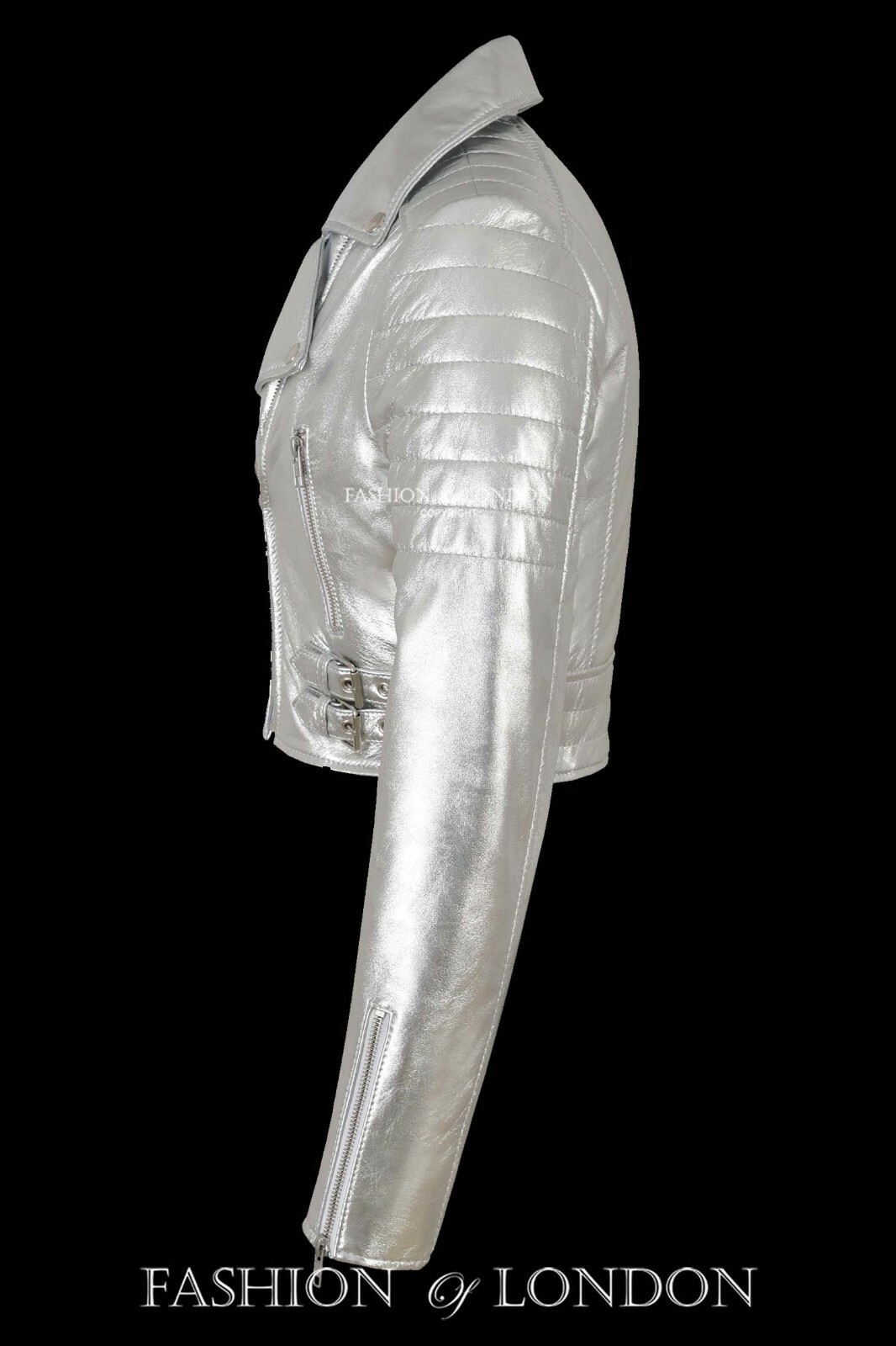 PROVOCATIVE Cropped Ladies Leather Jacket Silver Biker Rock Style Short ...