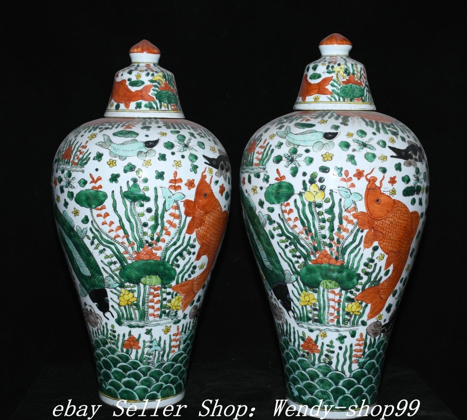 20"Jiajing Year Marked Wucai Porcelain Lotus Flower Fish Poetry Bottle