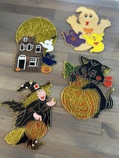 Halloween Suncatchers 4 Plastic Faux Window Stained Glass Witch Cat Ghost Retro