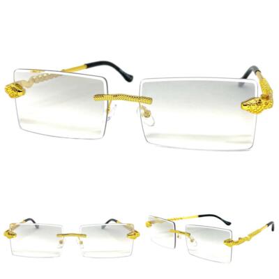 Mens Classy Elegant Modern Clear Lens Slight Tint SUN GLASSES Rimless Gold Frame