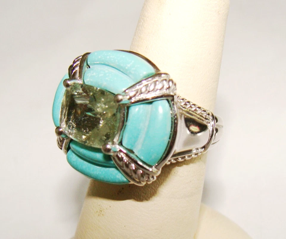 Anillo HSN Victoria Wieck plata esterlina tallada turquesa y prasiolita talla 6,25 Foto 4 de 4