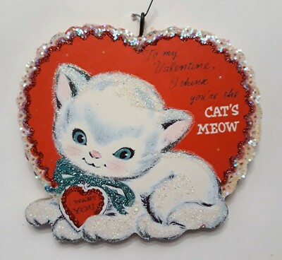 WHITE CAT, KITTEN w RED RUFFLED HEART *  Glitter VALENTINE ORNAMENT *  Vtg Img