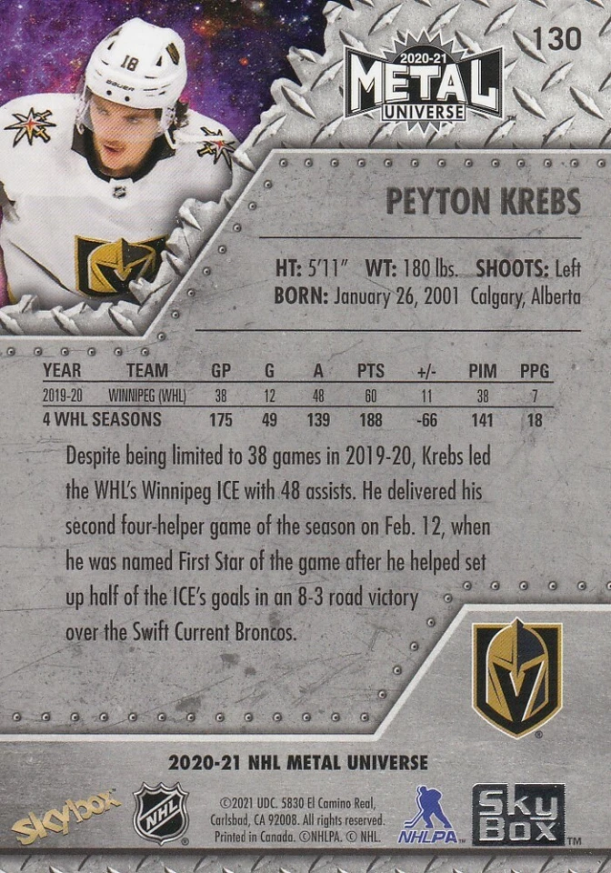2020-21 Peyton Krebs Skybox Metal Universe Rookie Hockey Card #130 - Image 2 of 2