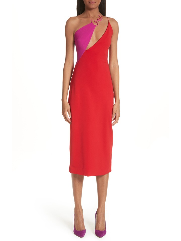 CUSHNIE ET OCHS Womens Red Twisted Strap Back Vent Sleeveless Midi