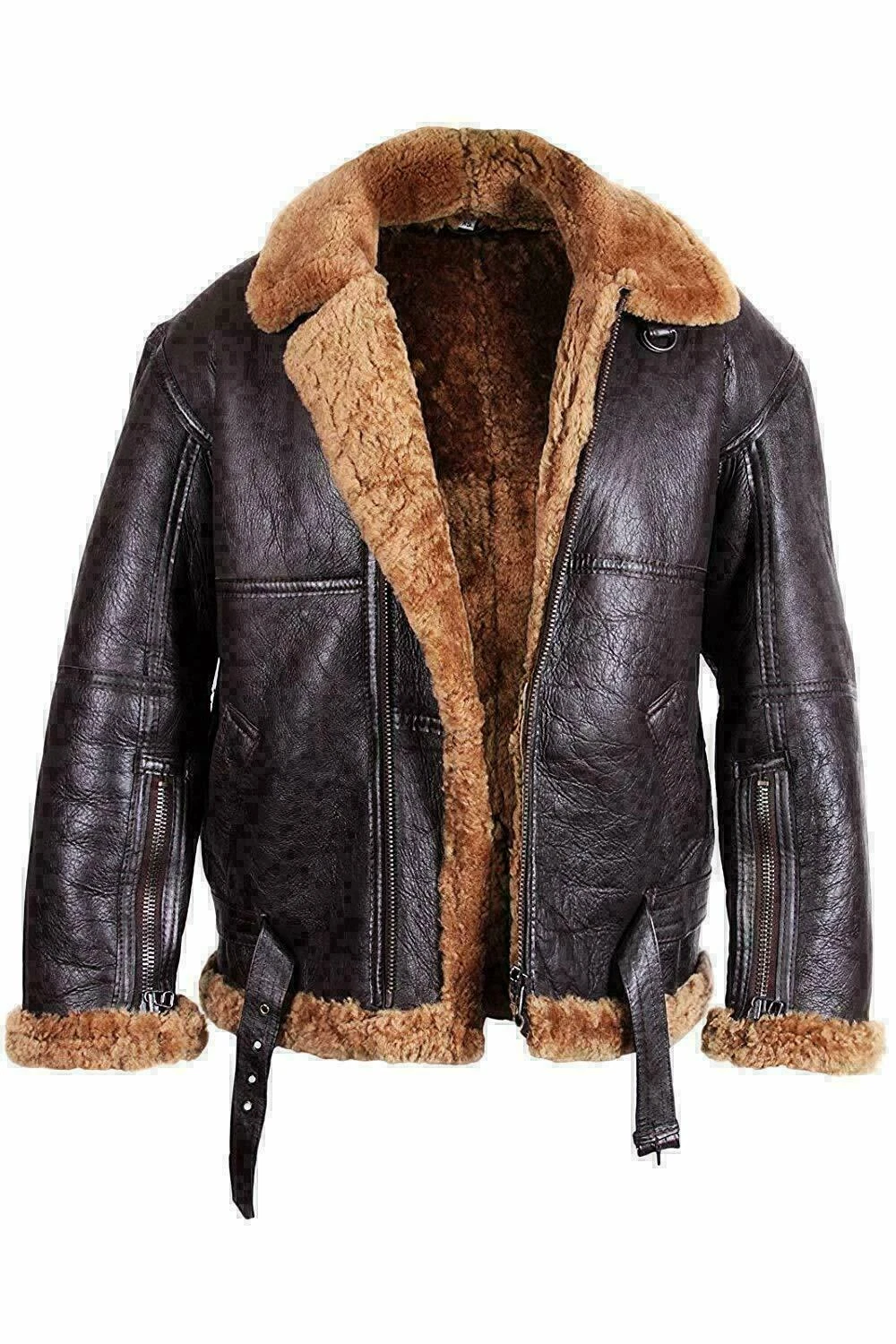 Mens RAF Brown Bomber Pilot Aviator B3 Flying Real Sheepskin Leather Fur Jacket
