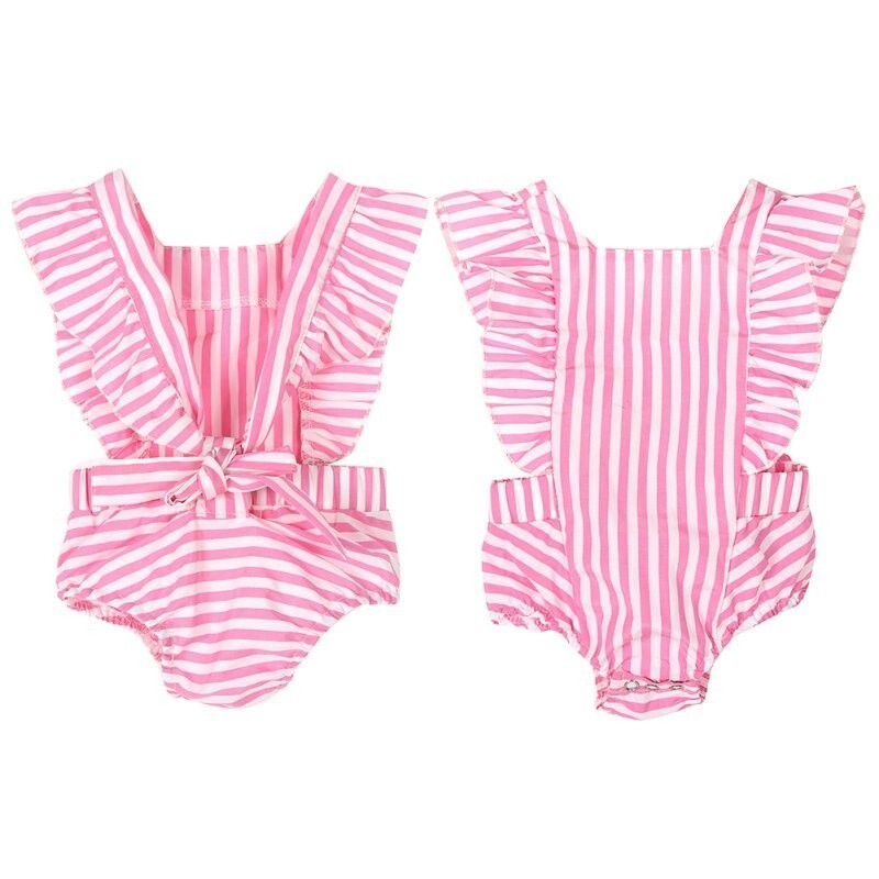 BABY GIRLS  size 3-6 Months PINK MAUVE STRIPED RUFFLE STRAP SUNSUIT  ROMPER