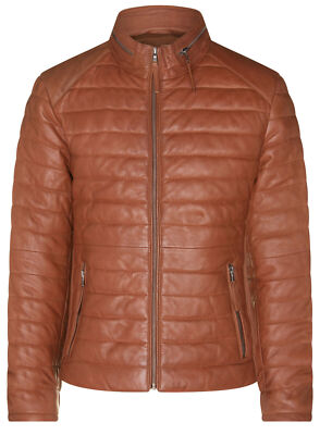 Men's Brown Quilted Leather Biker Jacket Tan Warm Vintage Puffer Retro Bomber