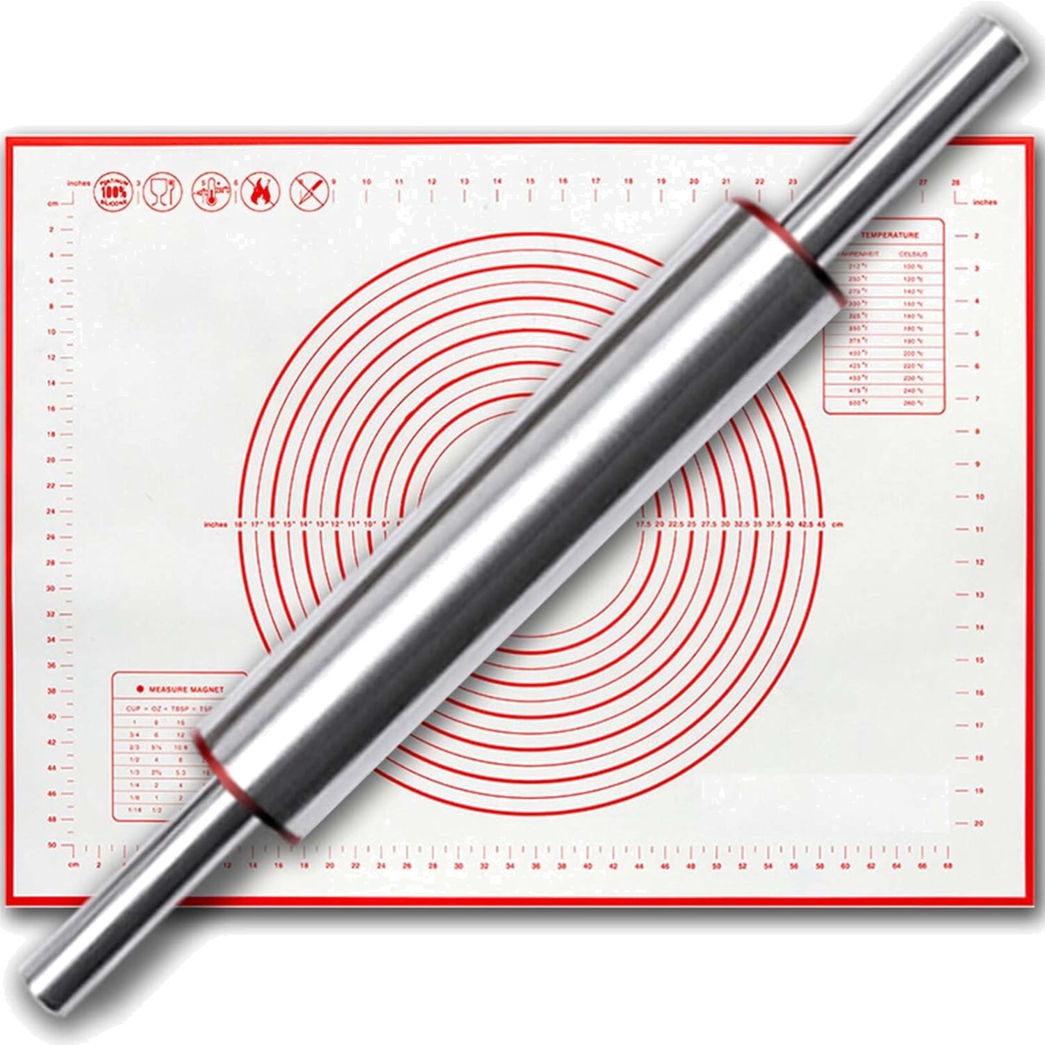 Nudelholz Edelstahl, Backmatte, Teigrolle, antihaft, spülmaschinenfest, Pizza