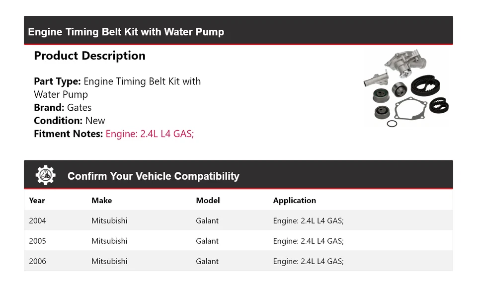 Kit de correa de distribución de motor Mitsubishi Galant 2004-2006 con puertas de bomba de agua Foto 2 de 3