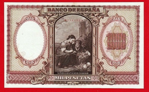 1000 Pesetas, 1940 "Murillo" MBC+, roturita pegada en margen superior y mancha - Imagen 2 de 2