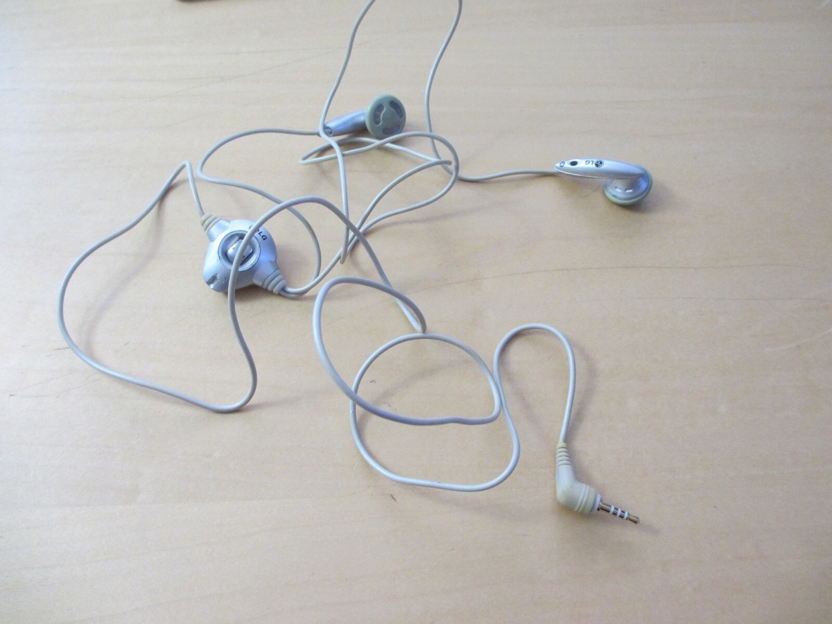 LG mic wired head phone earbuds ear phones silver lanyard vintage long ear cord LG mic wired head phone earbuds ear phones silver lanyard vintage long ear cord