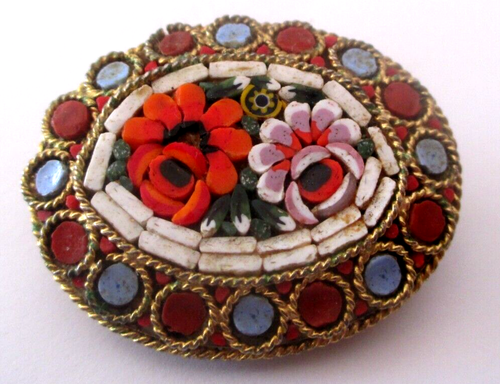 Magnifique Broche Ancienne En Micro-mosaïque Vintage - Bijou De Collection En Céramique Et Laiton