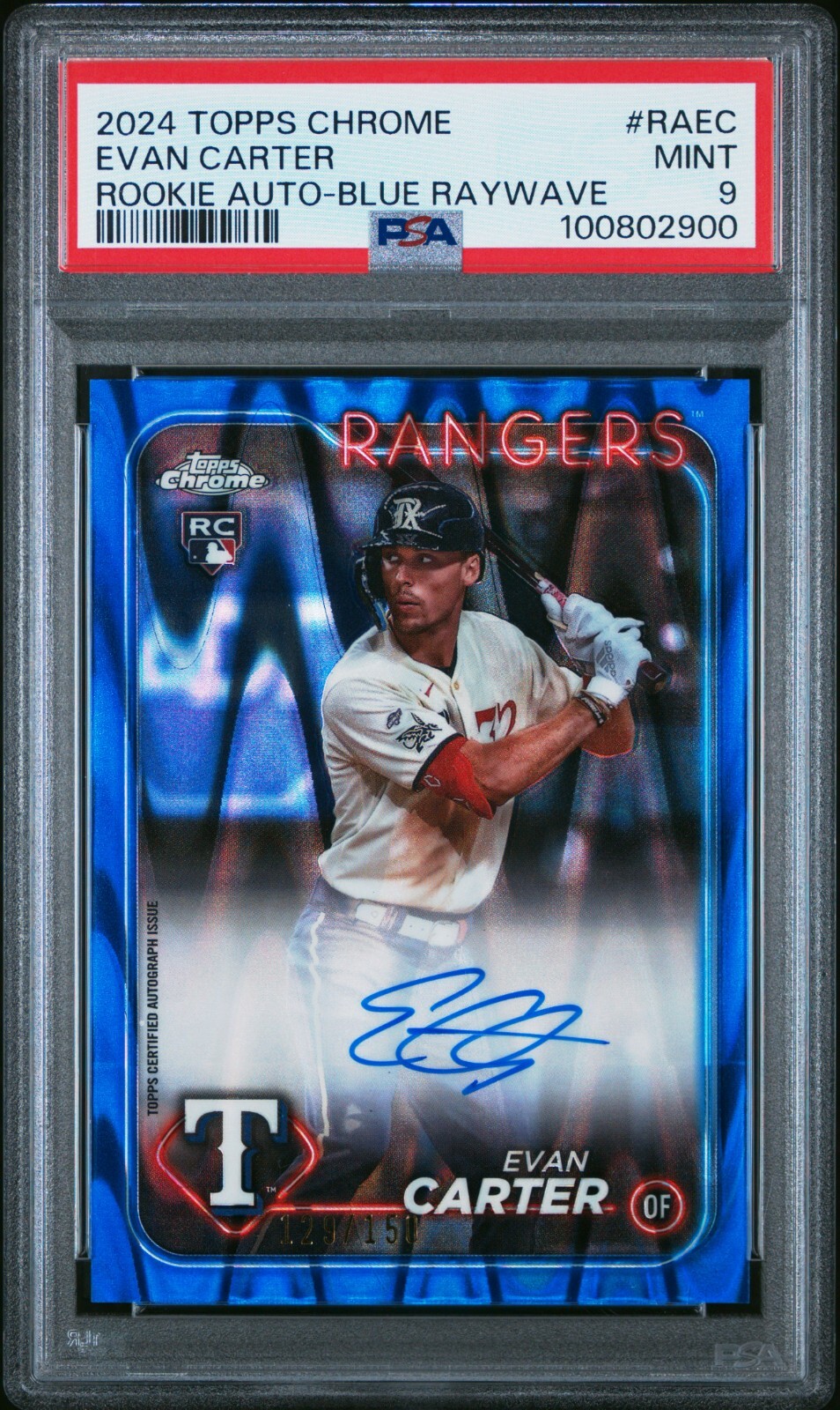 2024 Topps Chrome Rookie Auto #RA-EC Evan Carter Blue RayWave / 150 RC PSA 9
