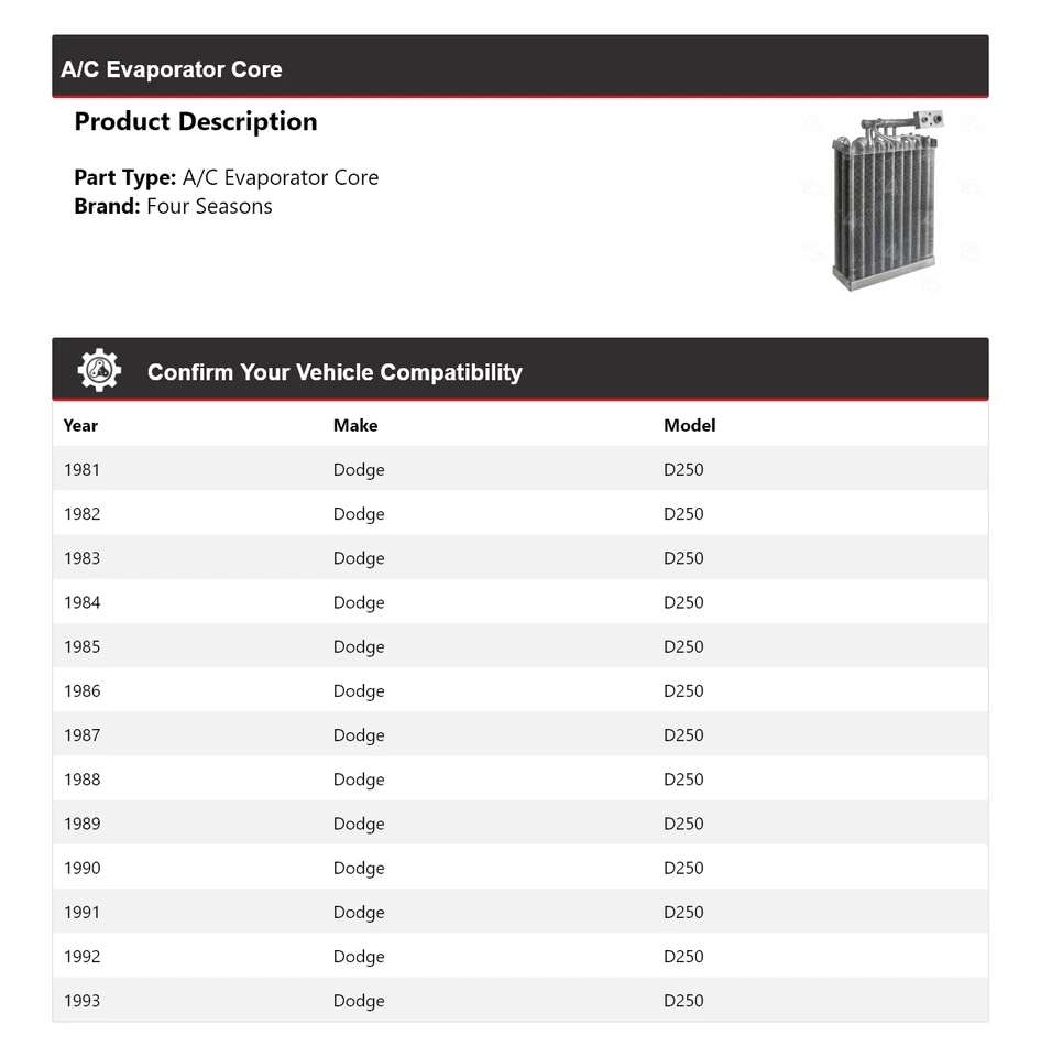 Para Dodge D250 1981-1993 núcleo evaporador aire acondicionado 4 estaciones 1982 1983 1984 1985 1986 Foto 2 de 4