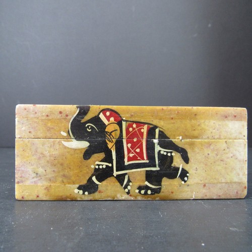 Soapstone Hand Painted Elephant Trinket Jewelry Box Made in India - Picture 6 of 9