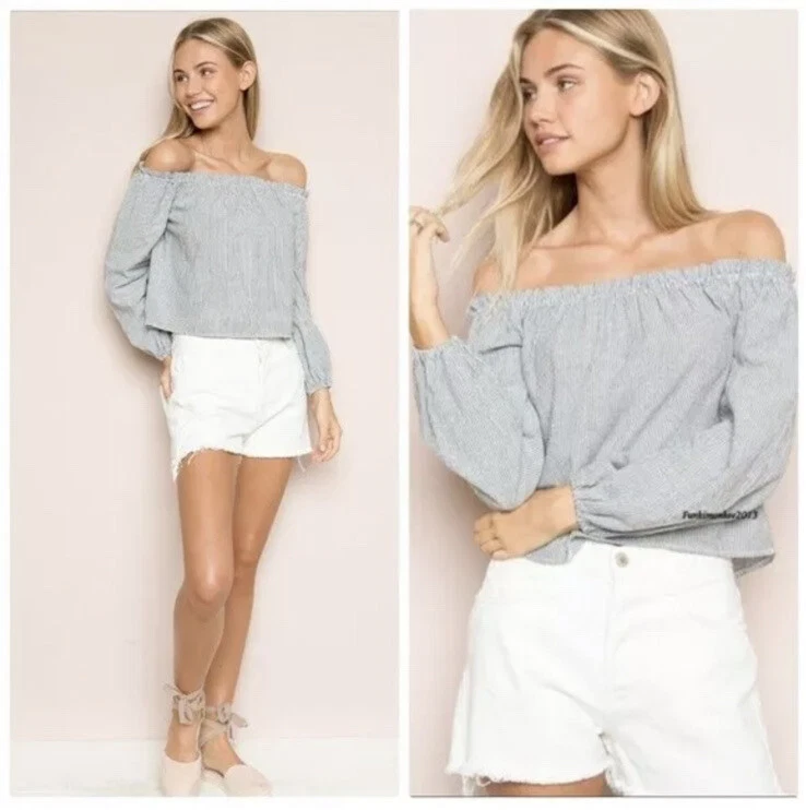 Brandy Melville Theia Off The Shoulder Striped Long Sleeve Top Size S In  Gray