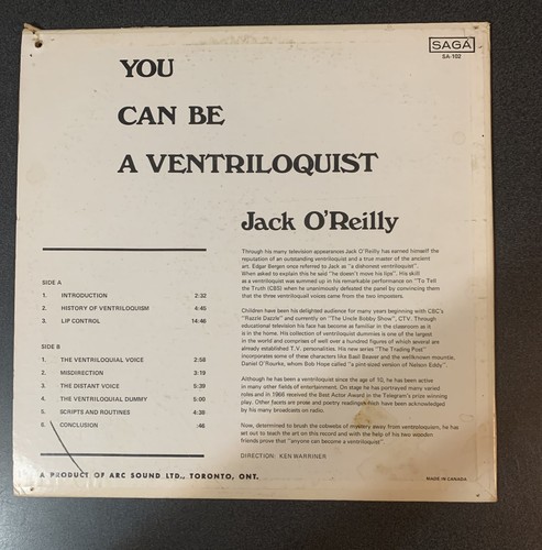 JACK O'REILLY you can be a ventriloquist lp record saga sa-102 canada rare - Picture 3 of 4
