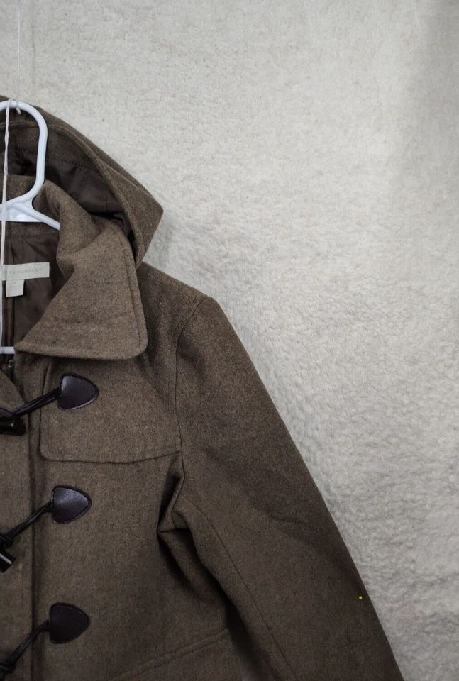 Abrigo de mujer New York Company mediano marrón mezcla de lana manga larga chaqueta con capucha Foto 3 de 4