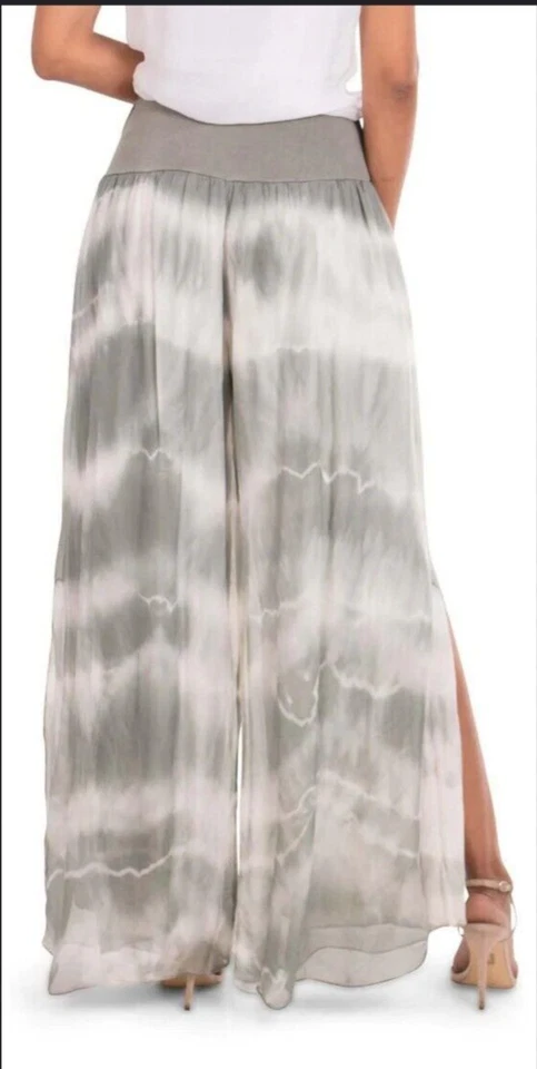 Pantalones Gigi Moda Hechos en Italia Jazmín 100% Seda Tie Dye Hendidura Talla Mediana