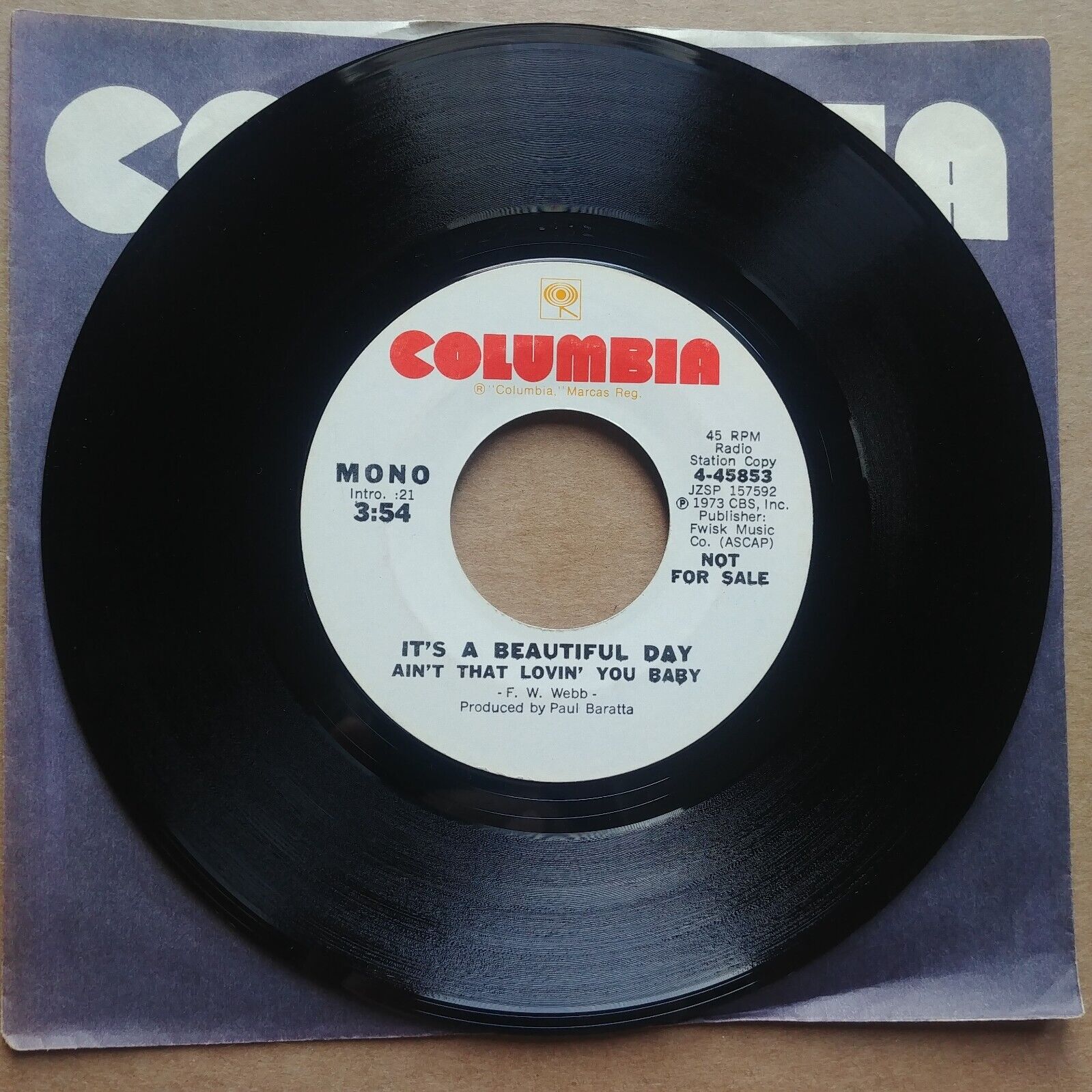 IT'S A BEAUTIFUL DAY Ain't That Lovin You Baby PROMO 45 7" POP ROCK Record Vinyl