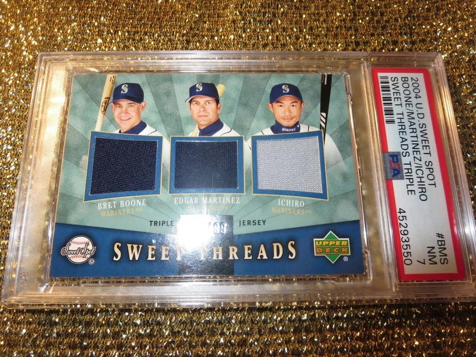 Camiseta deportiva Ichiro Edgar Martínez Seattle Mariners 2004 UD Sweet Threads Spot/99 PSA Foto 3 de 4