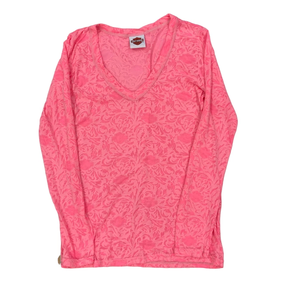 Vintage Harley Davidson V-Neck T-Shirt Made in USA Pink Women's M Long Sleeve