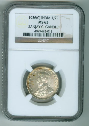 INDIA 1936(C) 1/2 RUPEE NGC MS-63 BU  EX:SANJAY C. GANDHI