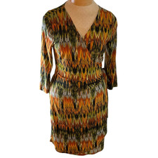 Emma & Michele Womens Medium Green Orange Dress 3/4 Sleeve Belted Wrap