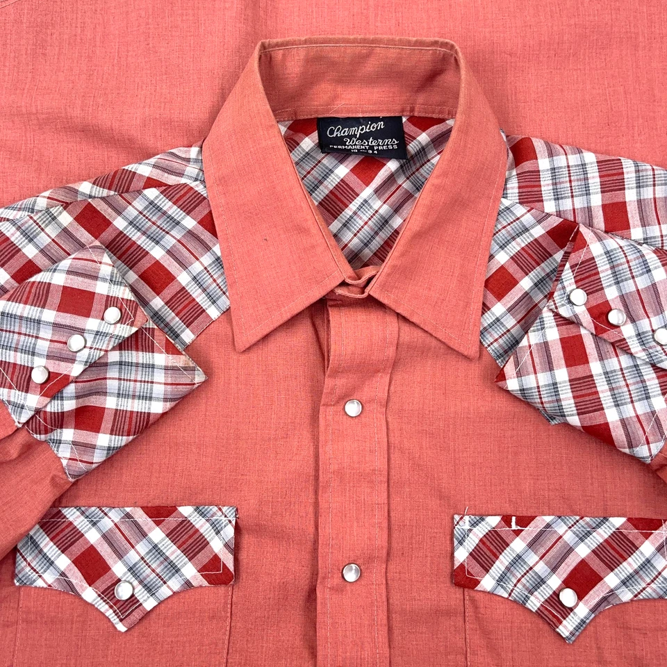 Vintage Champion Western Shirt Men Large Pearl Snap Button Plaid Cowboy 70s 80s - Image 2 of 4