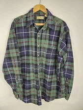 Vintage LL Bean Corduroy Shirt Mens Large Button Down Dark Green Red Blue Plaid