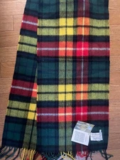 100% Lambswool Checked Scarf UK Made Green Red Yellow Fringe Unused Women