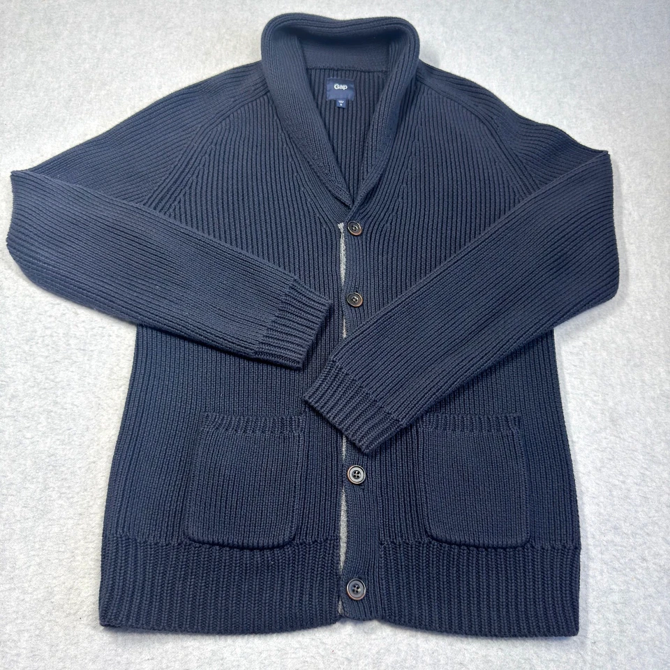 Cárdigan suéter Gap para hombre mediano azul marino abuelo tejido pesado cuello chal Foto 2 de 4