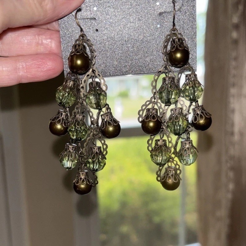 Antiqued Bronze Tone Olive Green Chandelier Dangle Earrings Glass Beads Filigree