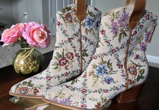 Women  s Floral Canvas Western Ankle Booties Pointed Toe Side Zip US 7.5