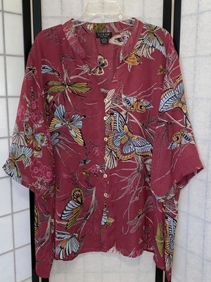 Citron Santa Monica Butterfly Dragonfly Floral Women L-XL Silk Blouse 3/4 Sleeve