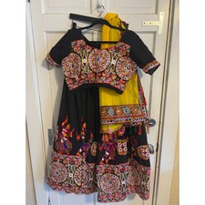 Embroidered Lehenga Choli 3 piece set- Black ,Yellow Dupatta, Navratri, Garba