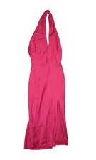 Lulus Dress Womens Small Fuchsia Satin Halter Plunge Slit Maxi Formal Evening