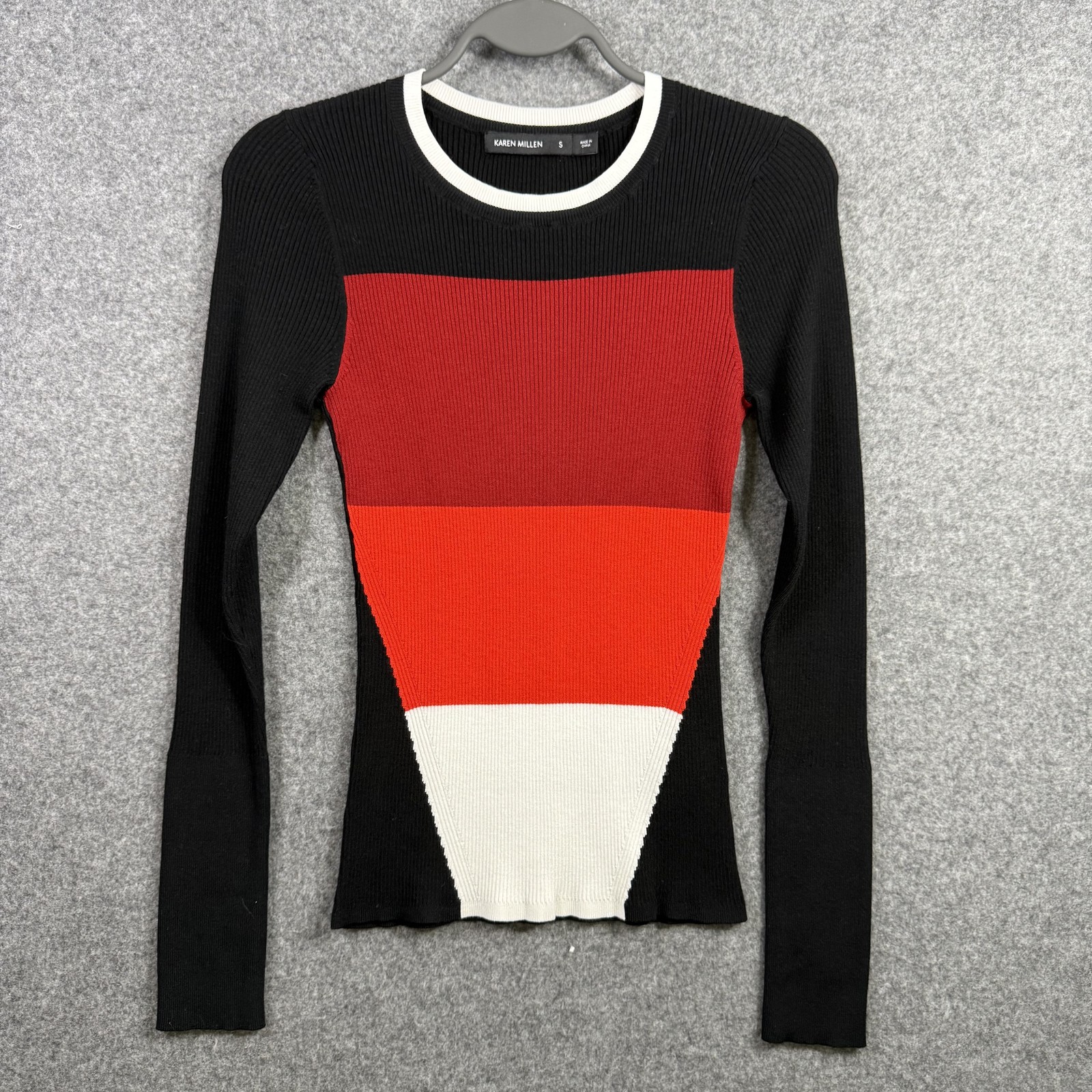 Karen Millen S Black Red White Color Block Ribbed Knit Long Sleeve Top ...