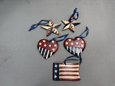 Wood Patriotic Christmas Ornaments. July 4th. USA. Red White Blue. Lot Of 5