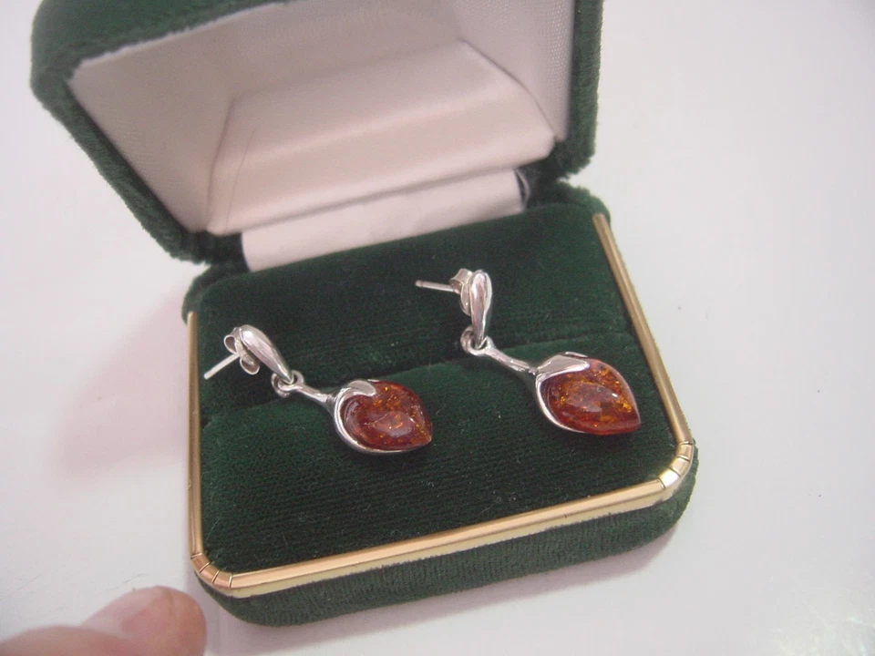 HERMOSO-PLATA MACIZA-DE COLECCIÓN-PENDIENTES HECHOS A MANO-ÁMBAR GENUINO-LIMPIADO-3,2 CM Foto 2 de 4