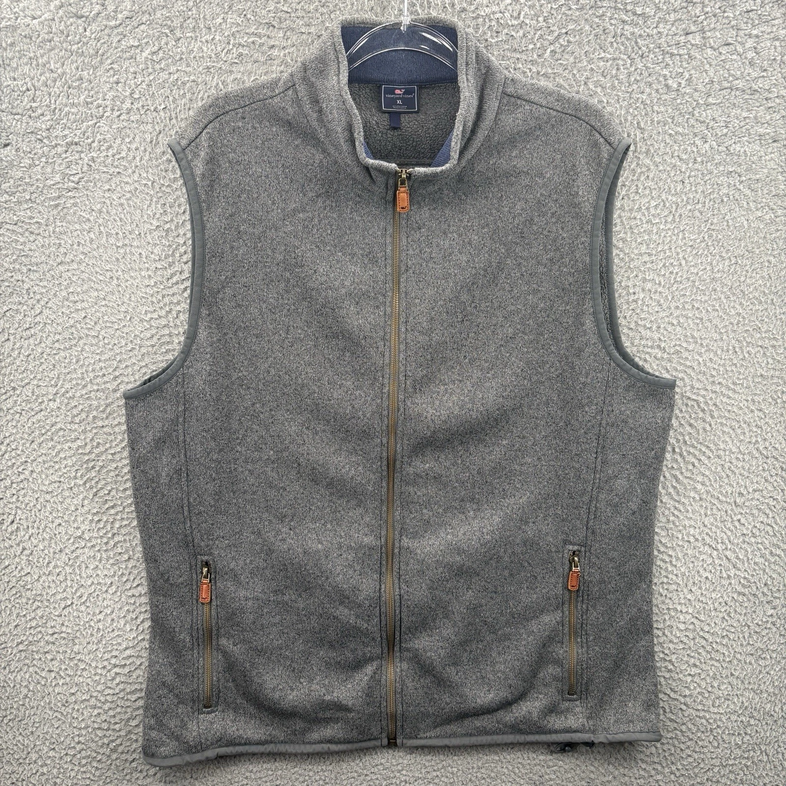 Vineyard Vines Vest Mens XL Gray Full Zip Sleeveless Jacket Knit Fleece Leather